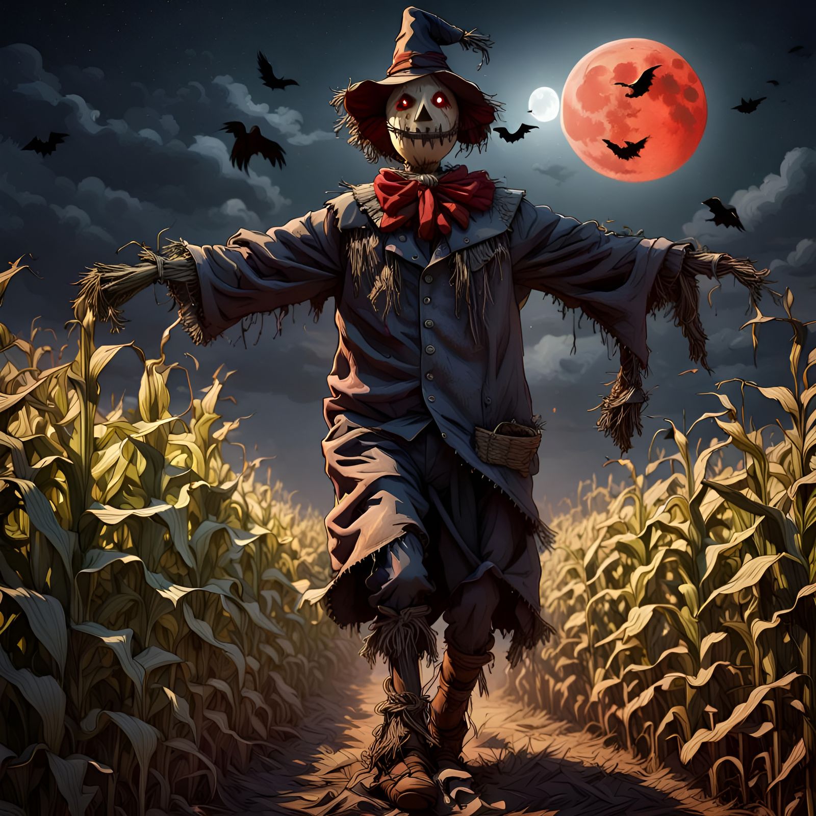 Eerie Scarecrow in Cornfield Under Red Moon