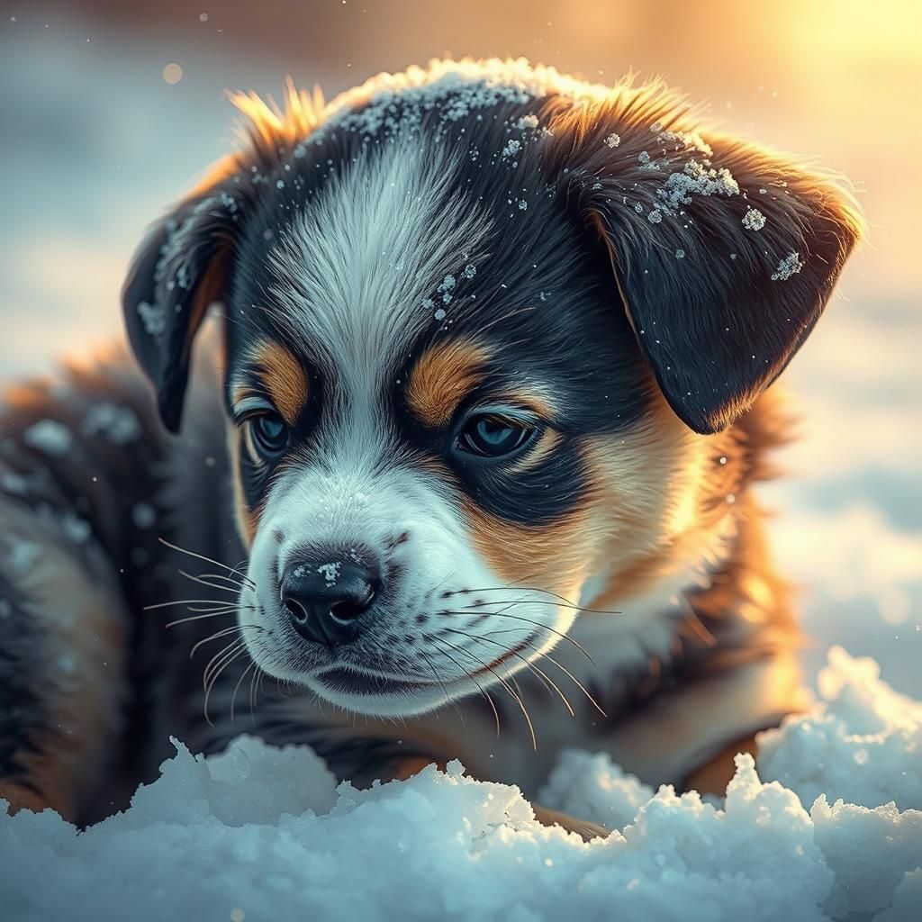 Hyperrealistic Puppy in Snow, Detailed Digital Art