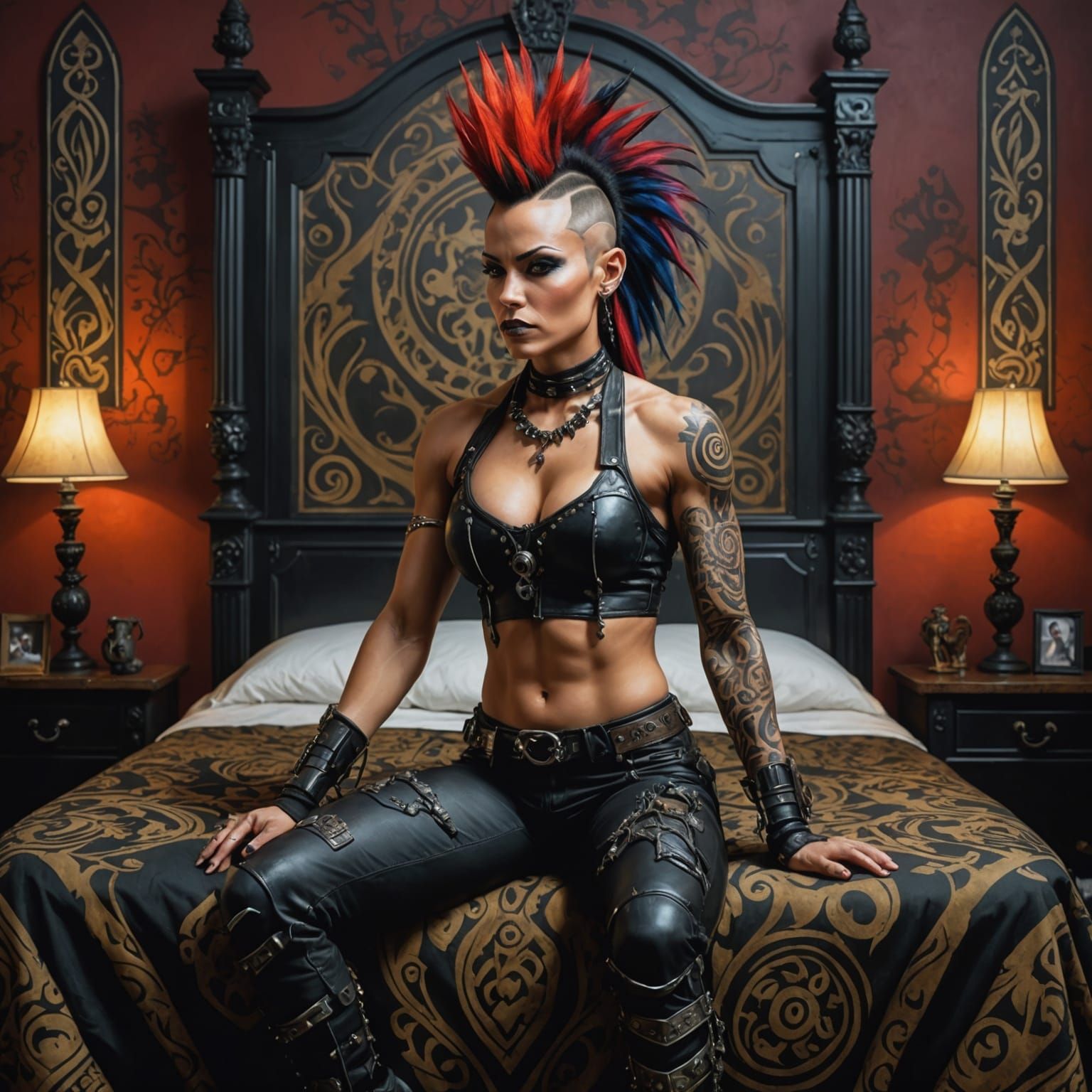 Gothic Woman with Mechanical Limbs, Hyperrealistic Oil Paint...