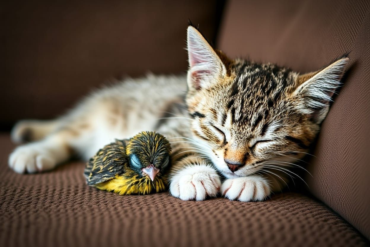 Adorable Kitten and Bird Snuggle as Digital Art