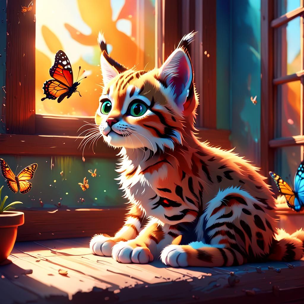 Lynx kitten playing with butterfly