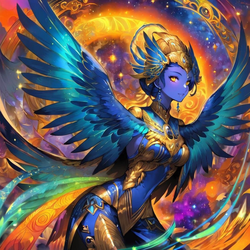 Ethereal Fantasy Goddess with Golden Tribal Tattoos and Harp...