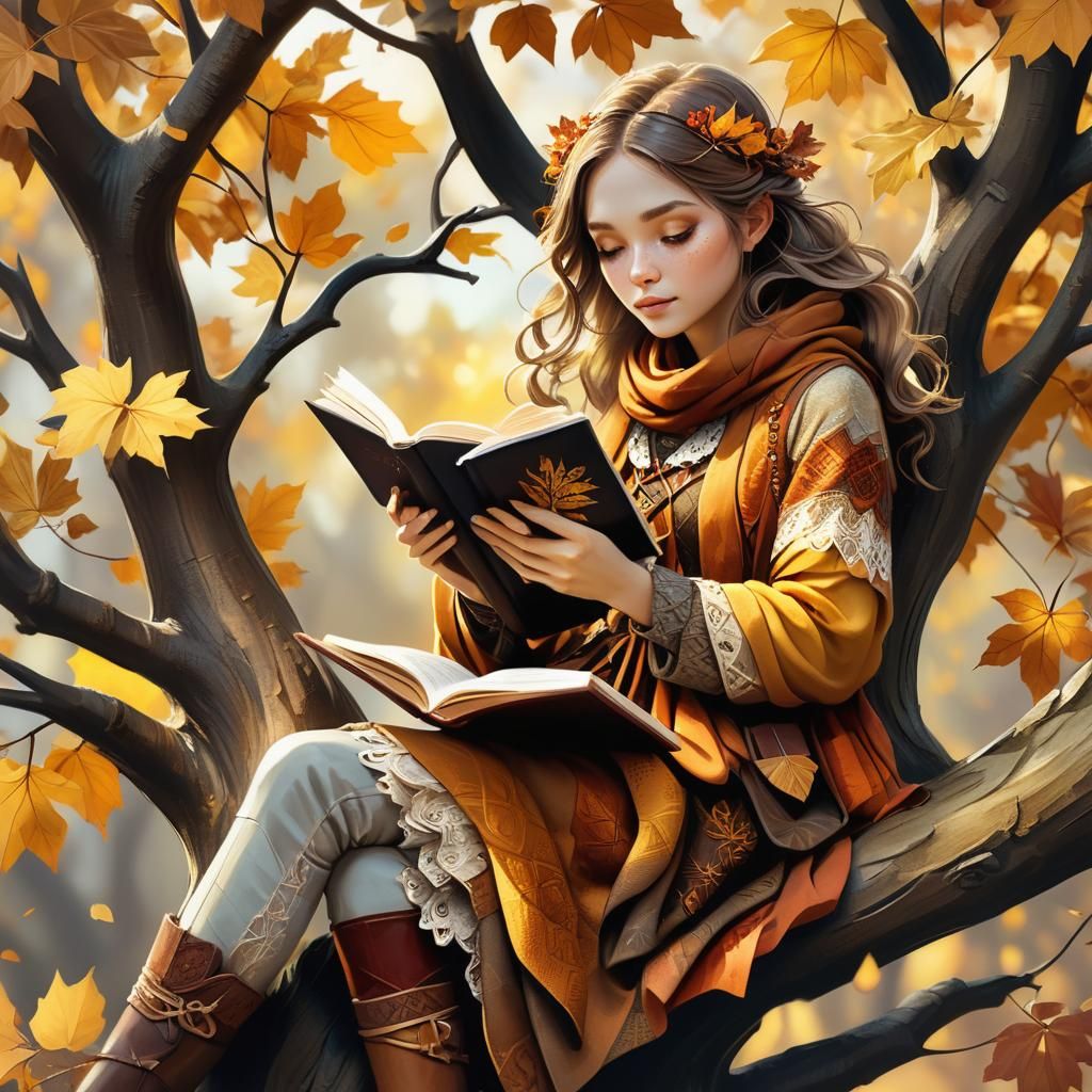 Girl Reading on Tree Branch in Whimsical Style