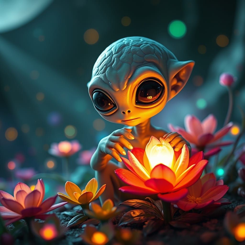 Baby Alien Touches Glowing Flower on Alien Planet
