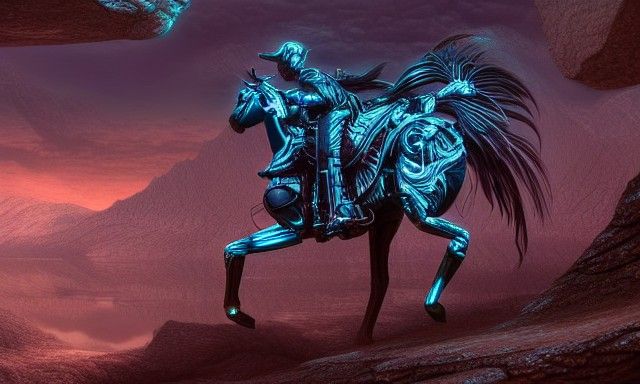 Biomechanical Crystal Cowboy in Post-Apocalyptic Landscape