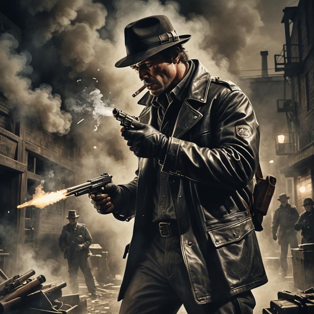Gritty Action Illustration of Armed Man in Fedora