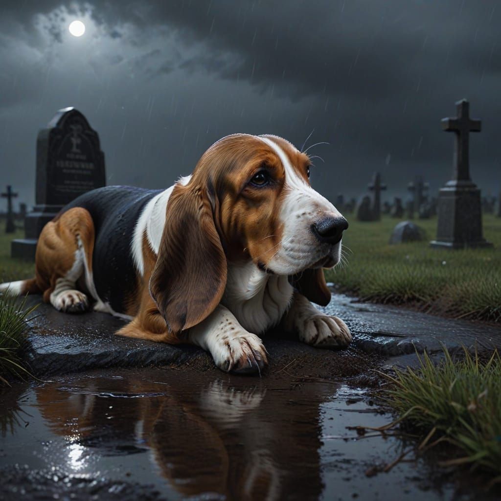 A lonely basset hound lying by his masters grave on a dark a...