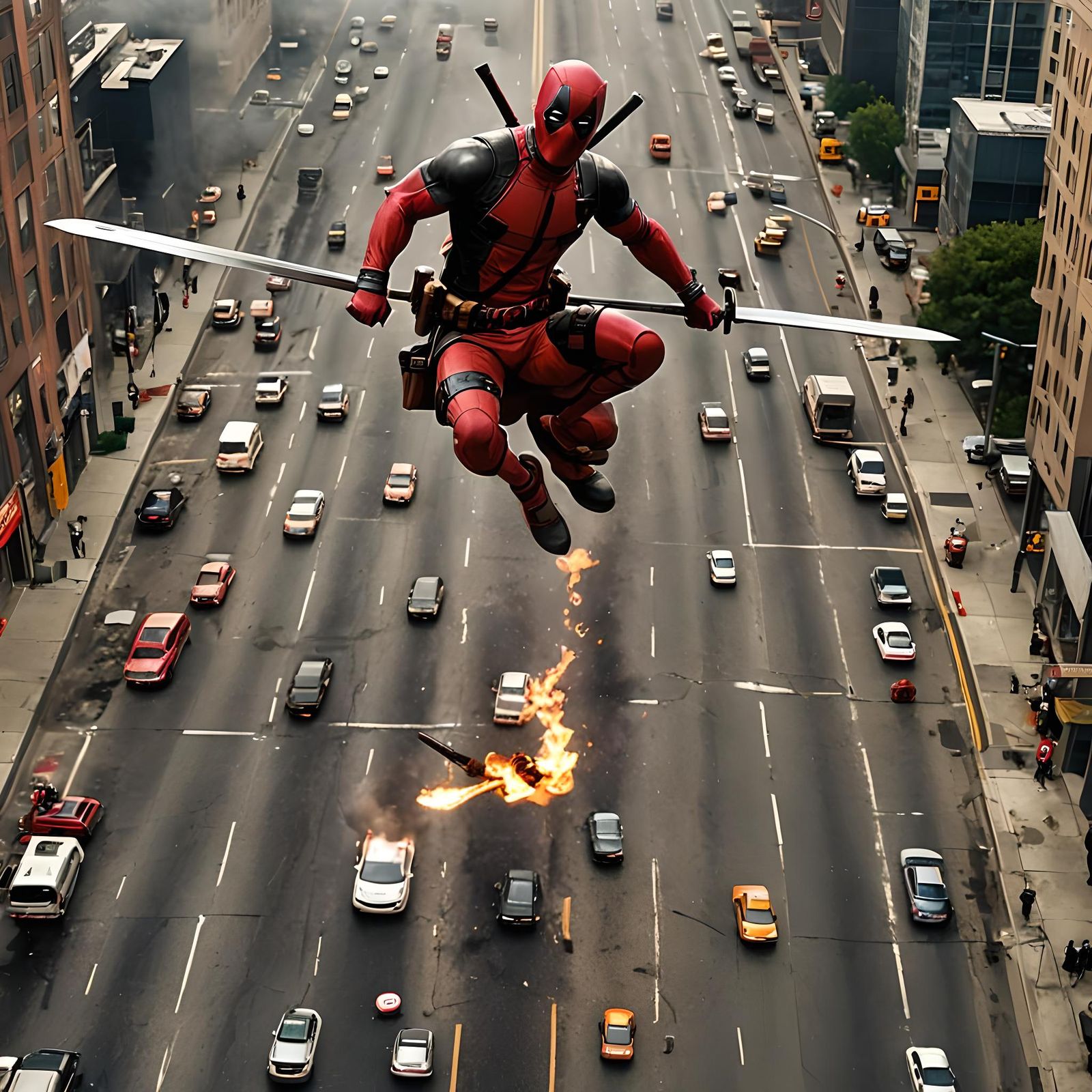 Deadpool in Highway Mayhem: A Cinematic Close-Up