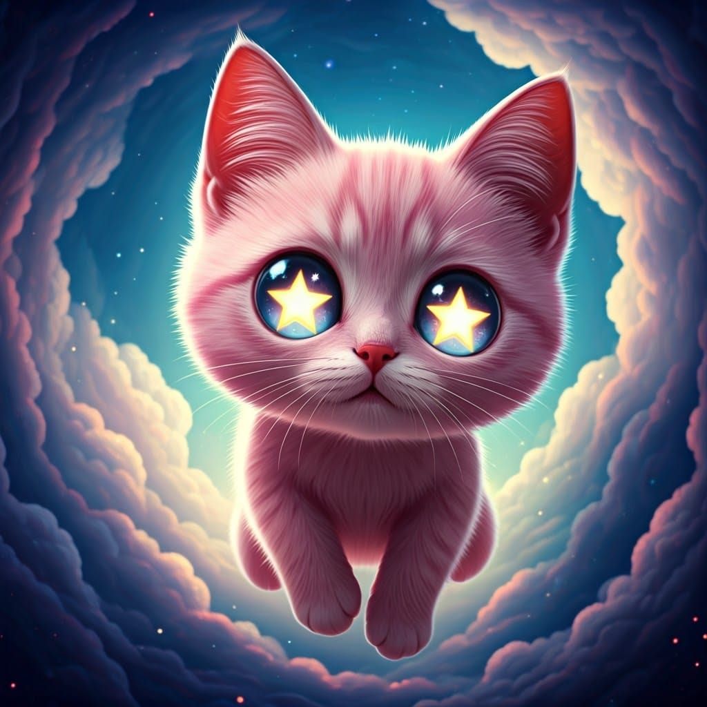 Whimsical Pink Cat Soars in Dreamy Sky with Sparkling Eyes