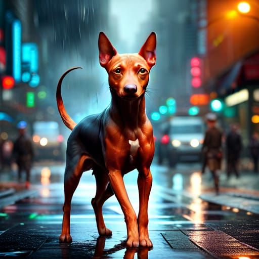 Sad Dog Pinscher in Rainy Street: Hyperdetailed Art