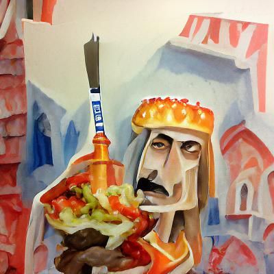 Vlad the Impaler Enjoying Kebab in Gouache Style