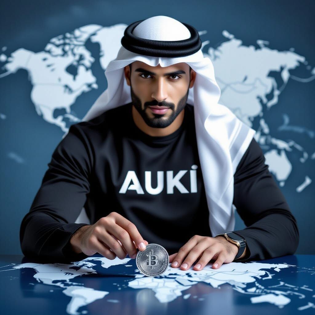 Arabic Man Planting AUKI Coin in World Map