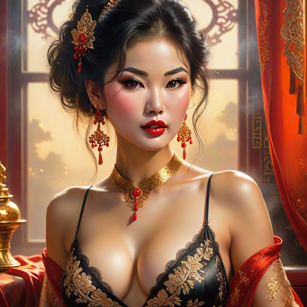 Sensual Chinese Model in Vibrant Oil Painting Style