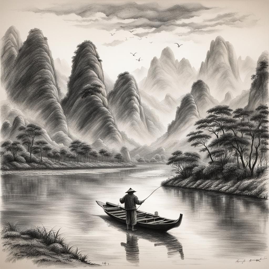 Guilin Mountains: Old Man Punting Boat, Charcoal Art