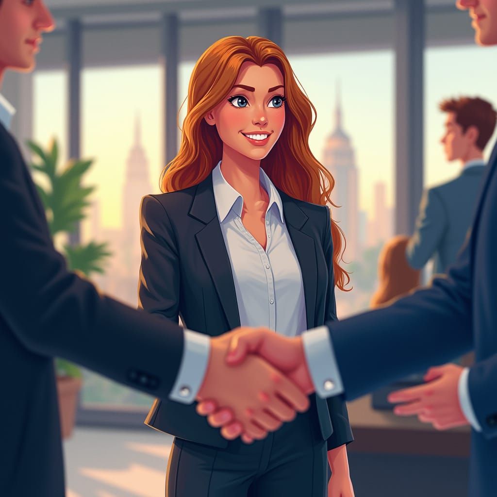 Confident Businesswoman Seals Deal in Futuristic Office