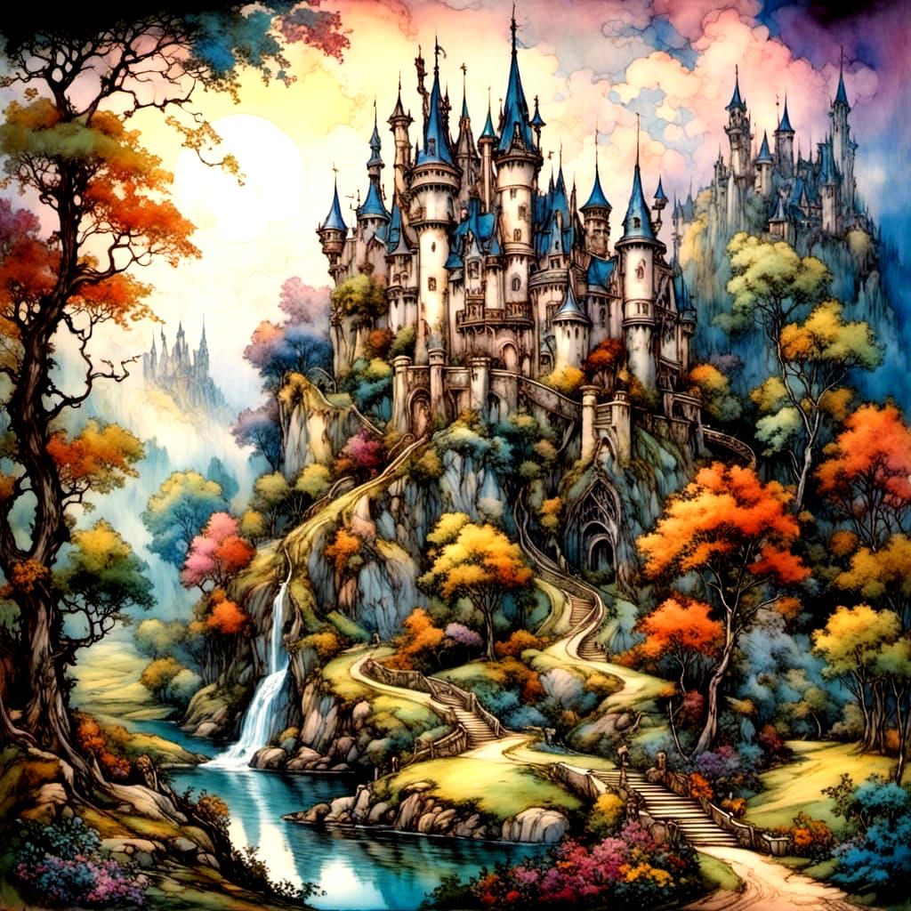 Fantasy fairy castle, fantasy countryside<lora:RackhamBurton...