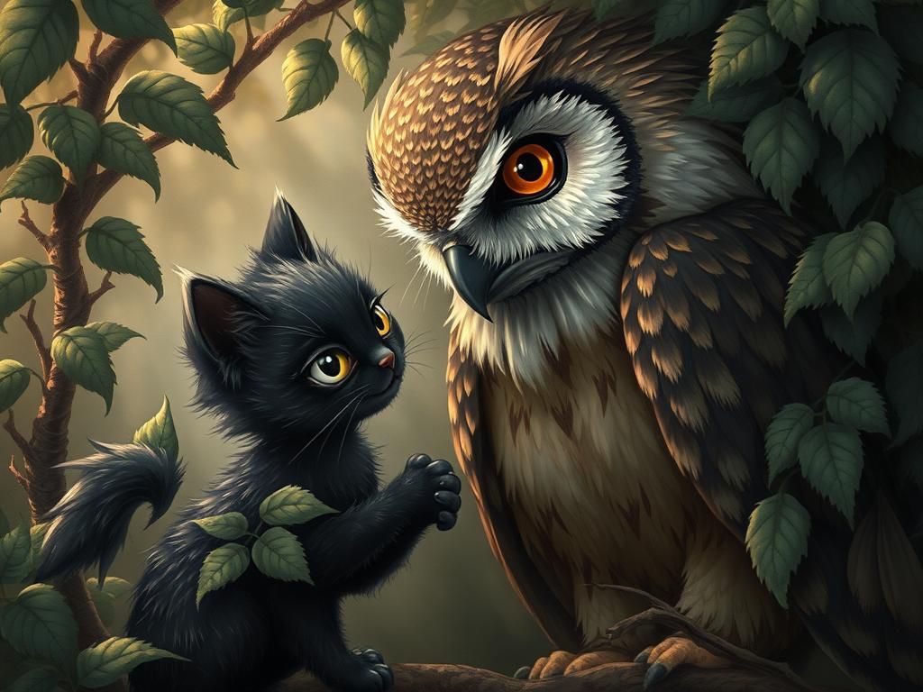 Whimsical Feline and Owl Entwined in Mystic Dance