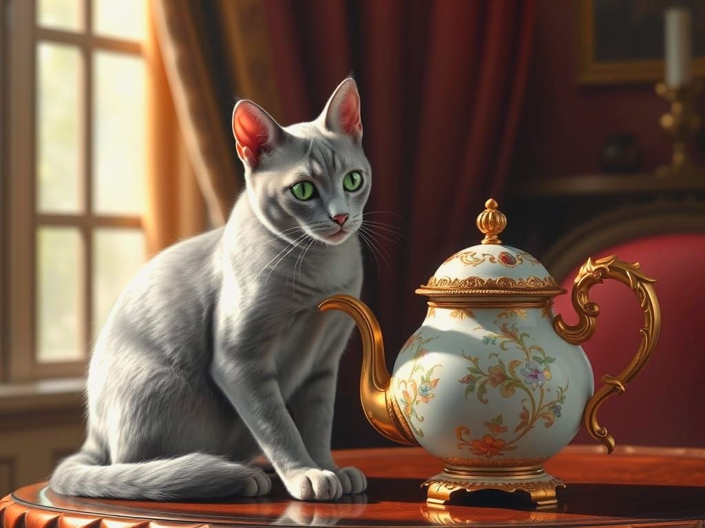 Sleek Grey Cat and Victorian Teapot