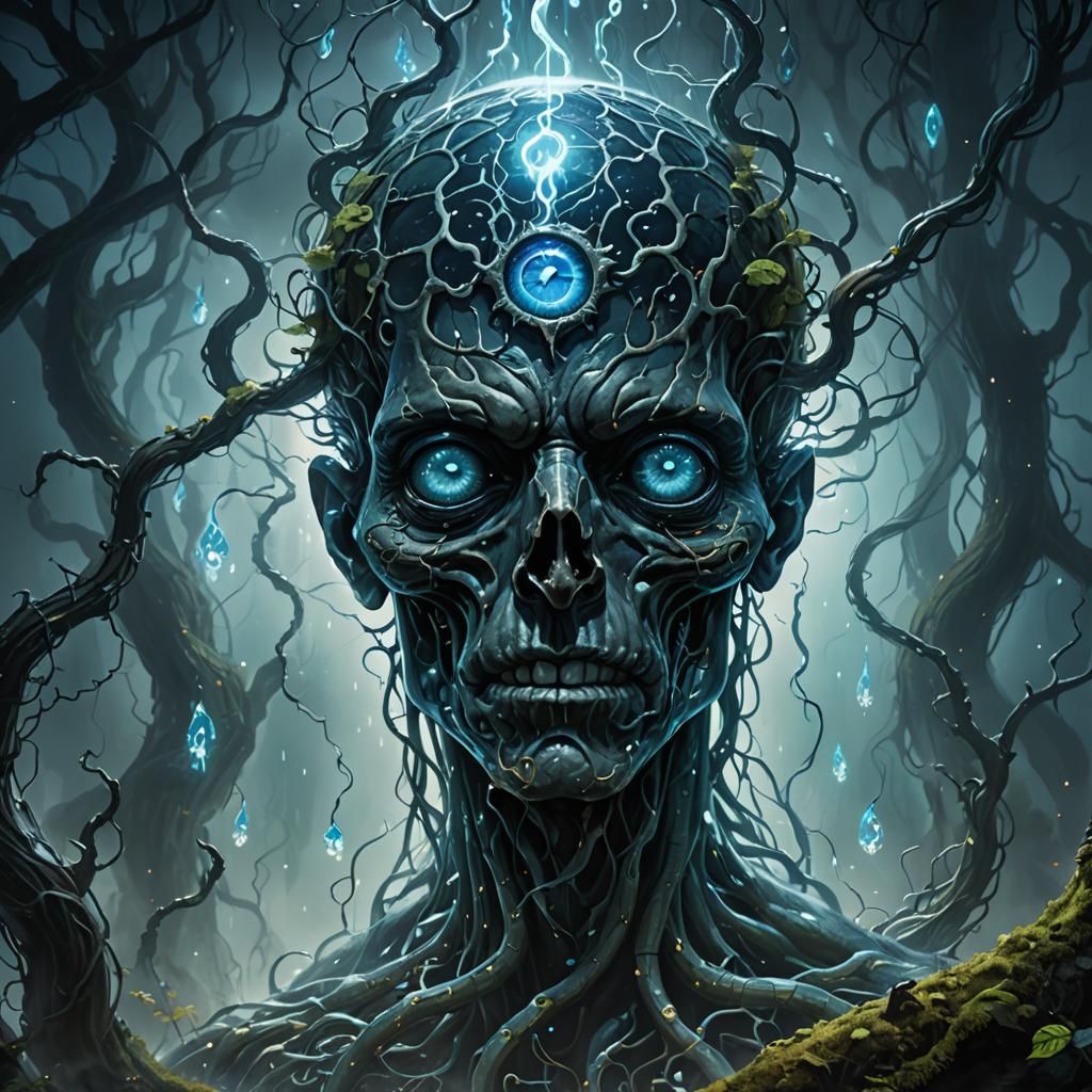 Surreal Glass Brain in Dark Fantasy Landscape