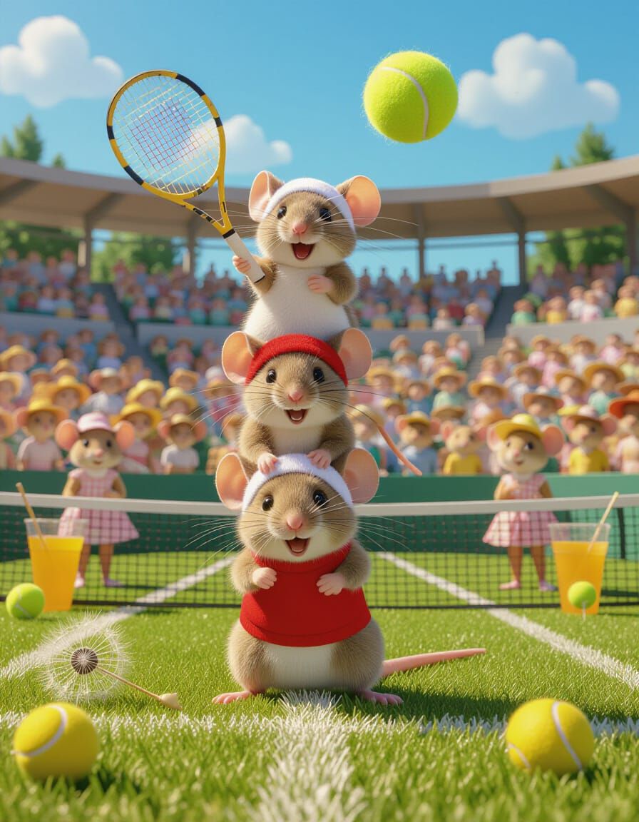 Mice Acrobats Play Tennis in Whimsical 3D Render
