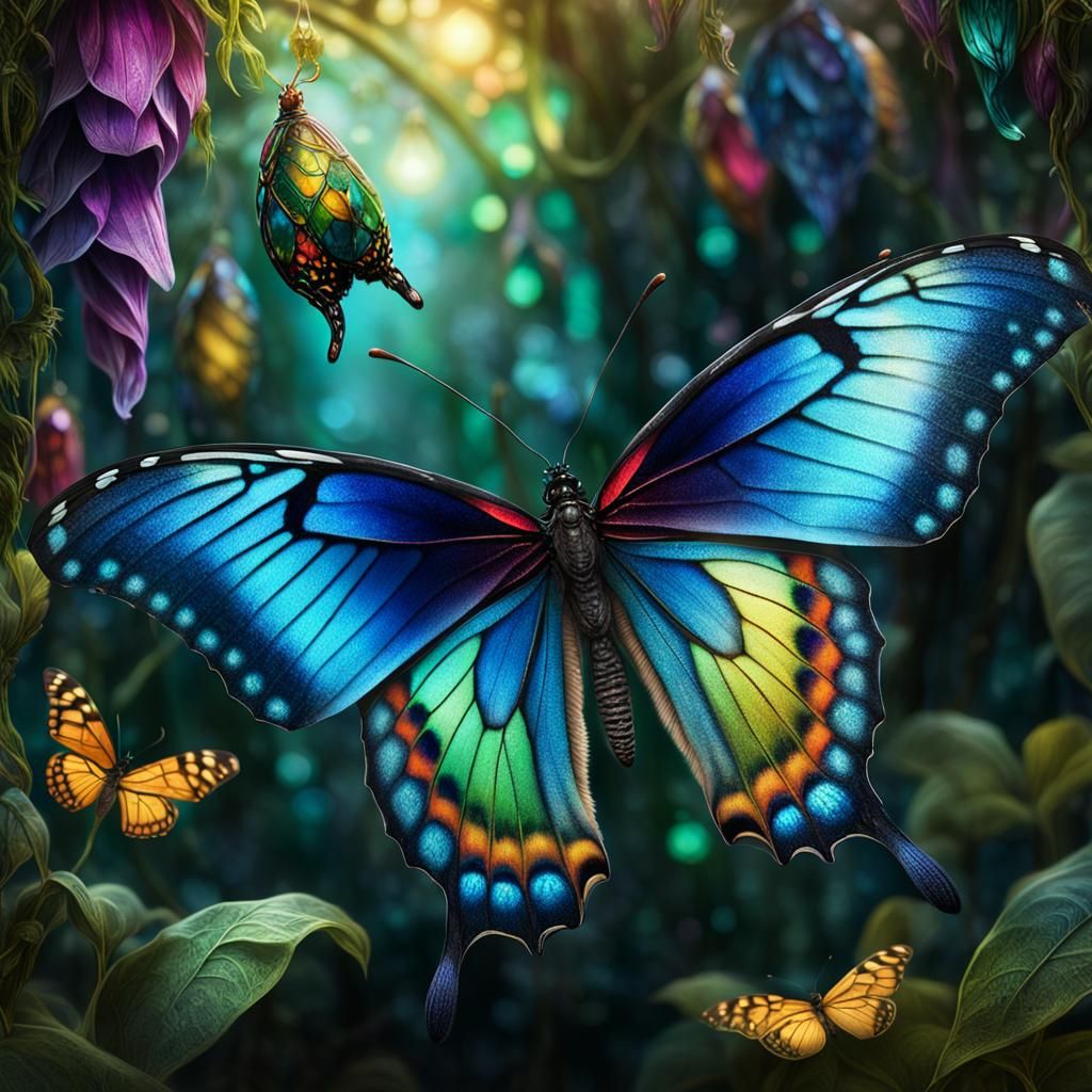 Butterfly Emerges from Chrysalis in Fantasy Garden