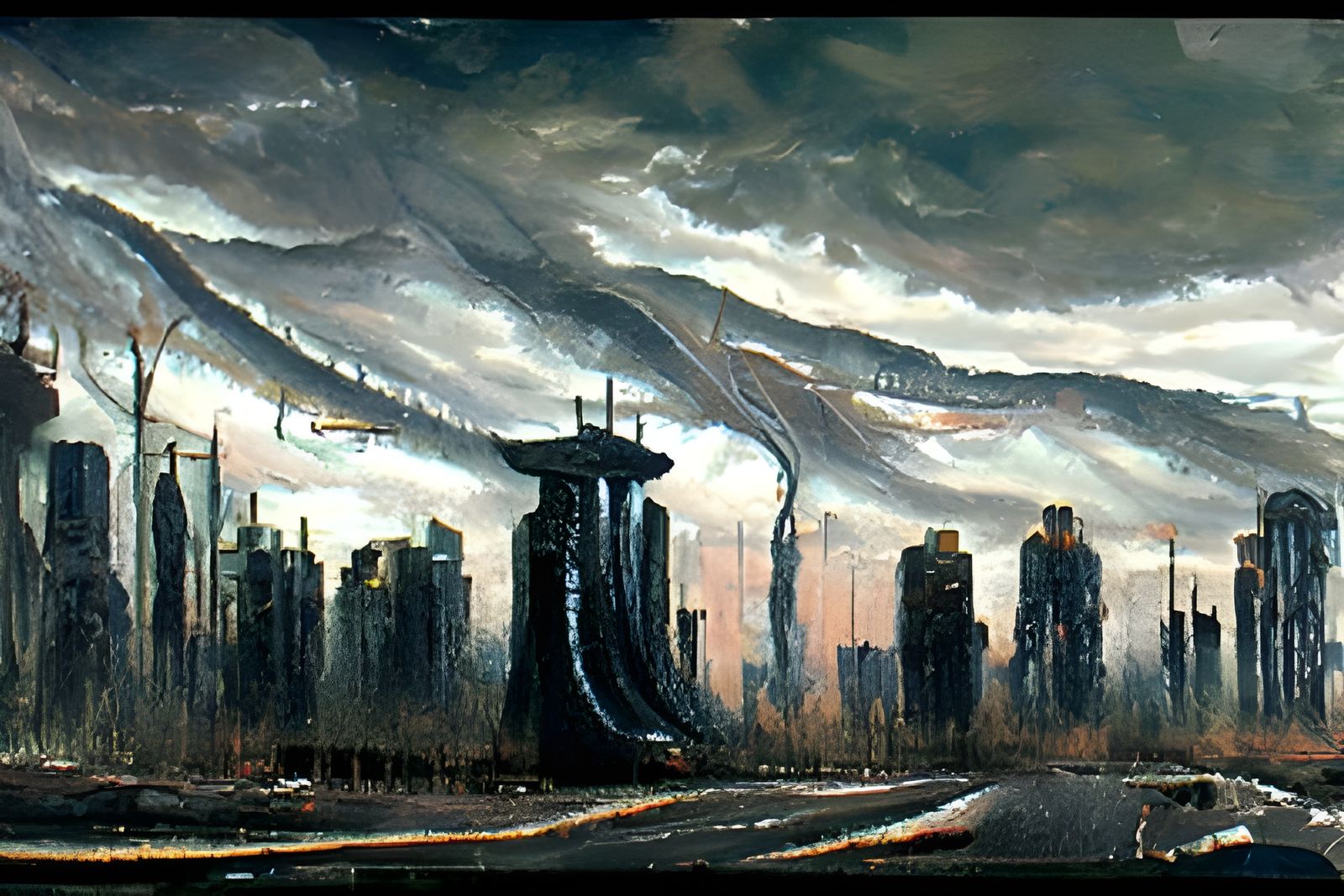 Dystopian Cityscape: A Sinister OIl Painting