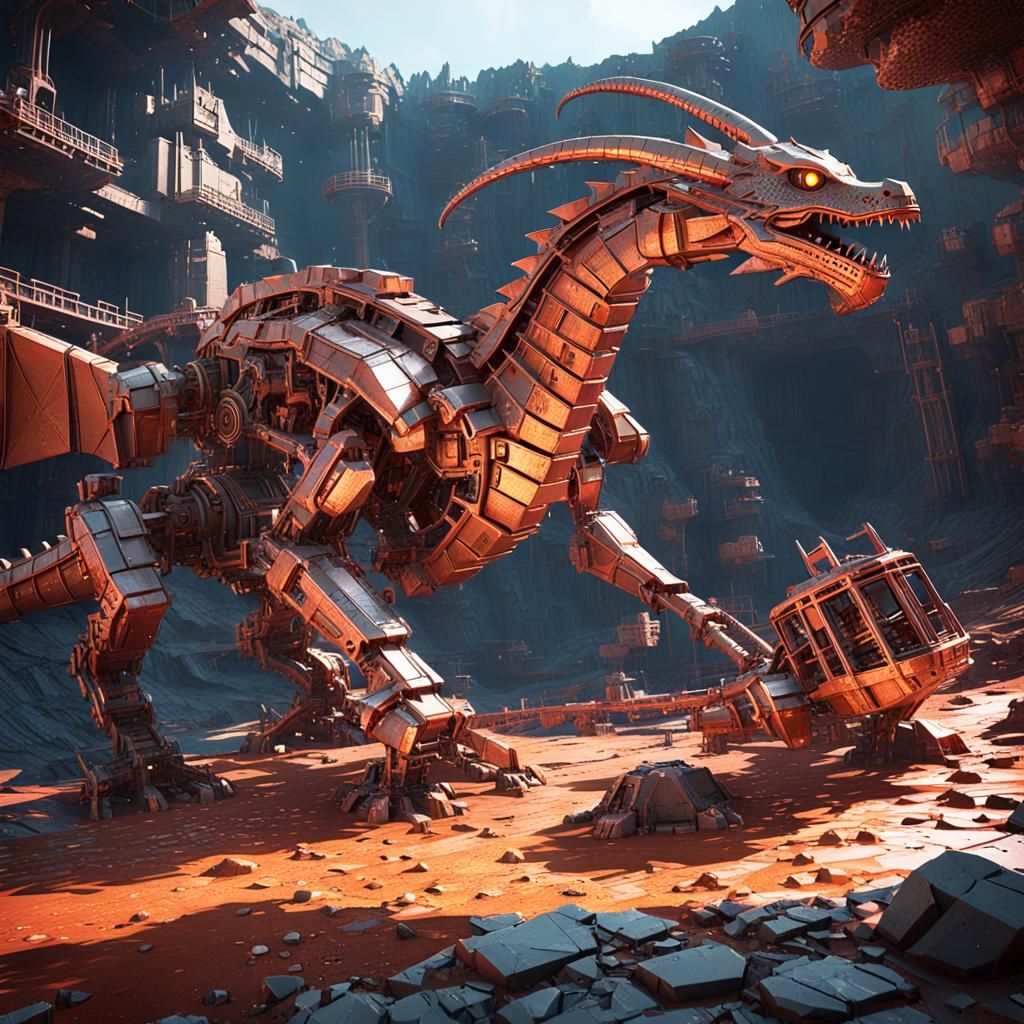 Copper Dragon in Abandoned Mine, Sci-Fi Render