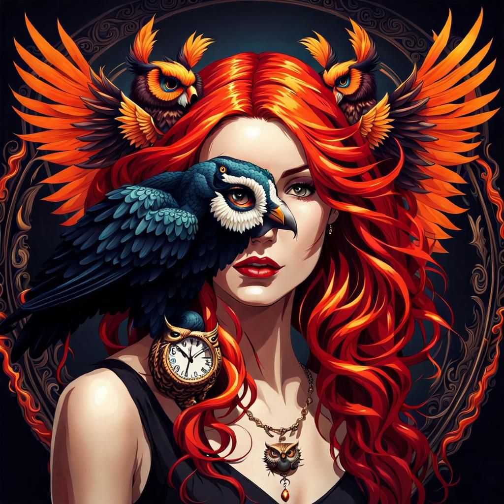 Surreal Woman with Owl in Art Nouveau Style