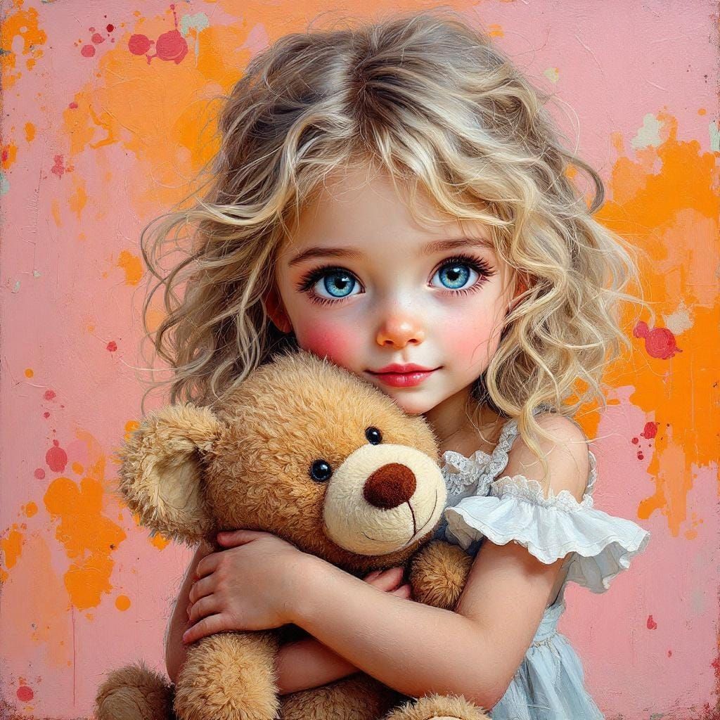 A  beautiful little girl hugs a teddy bear tightly.