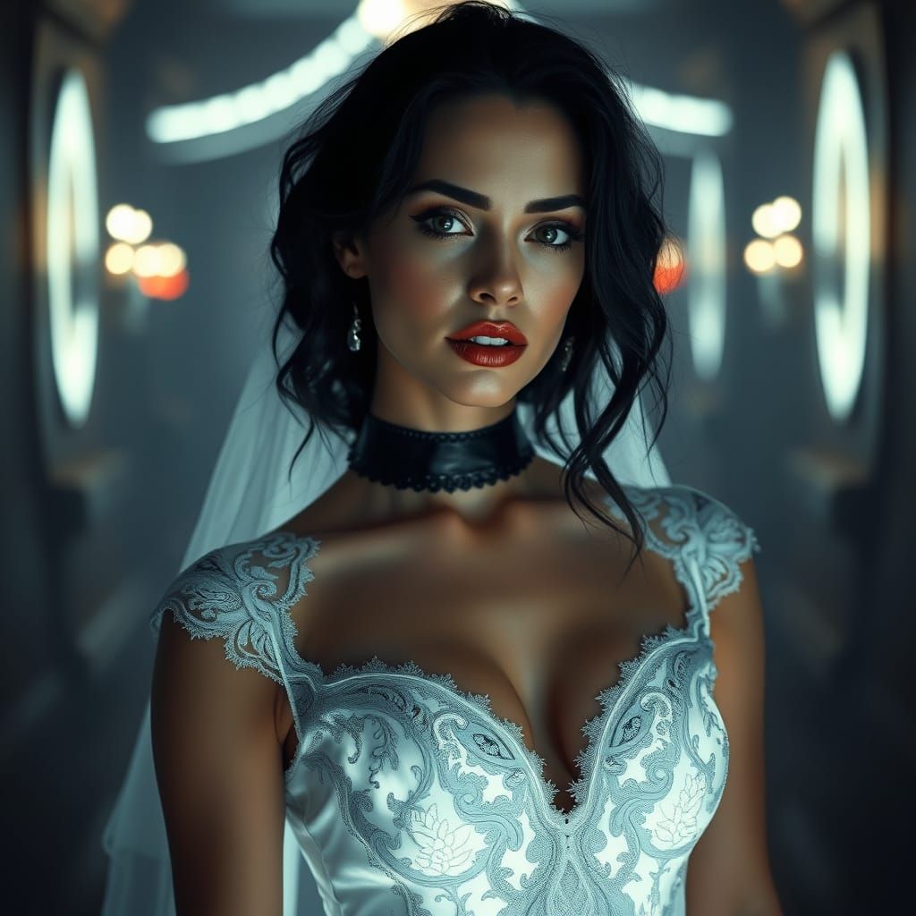 Ethereal Bride in Vintage Lace and Latex, Cinematic Lighting