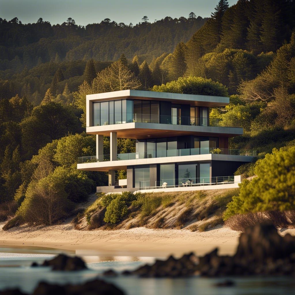 Modern Beach House with Forest Backdrop