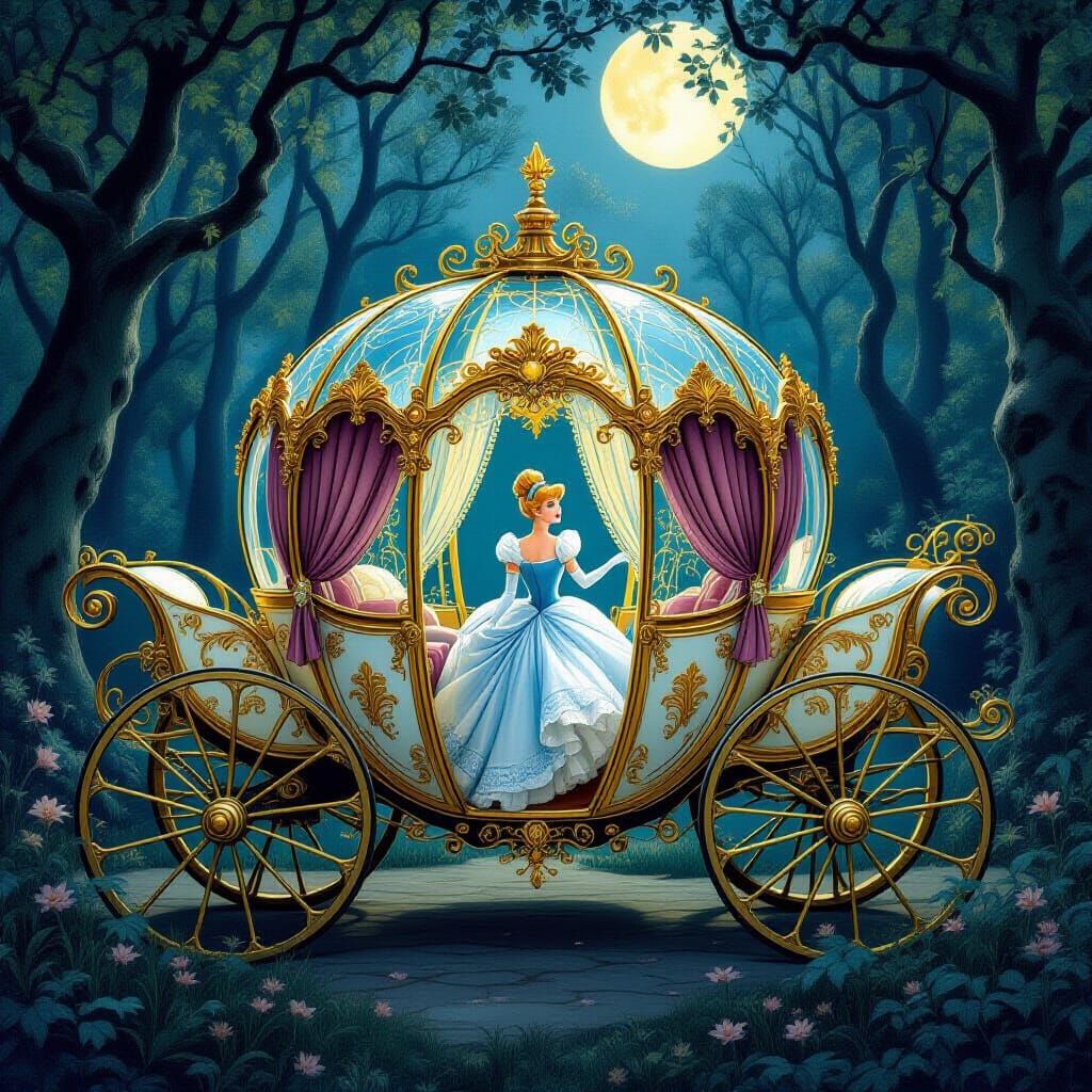 Cinderella's Ornate Carriage in Moonlit Forest