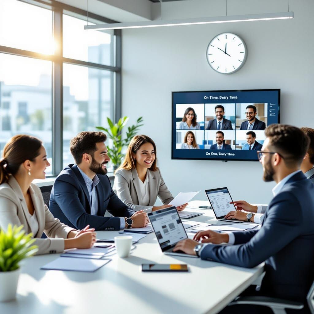 Diverse Professionals in Futuristic Office: Punctuality & Re...