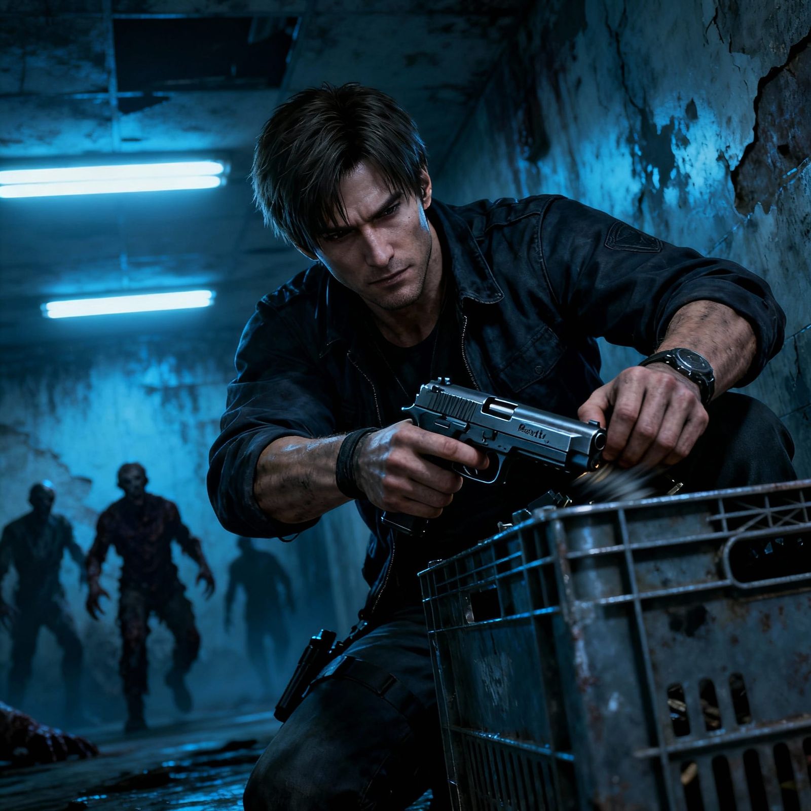 Leon Reloads Handgun Evading Zombies in Survival Horror