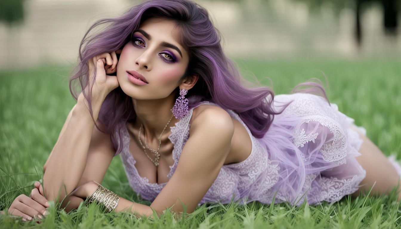 Girl in Lilac Lace Relaxing in a Flower Meadow