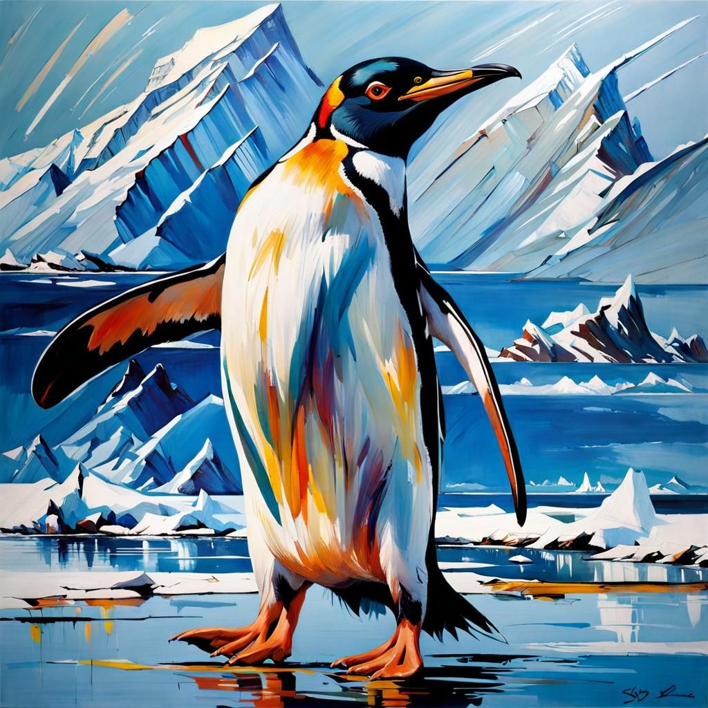 Penguin in Tachisme Style with Dynamic Brushwork