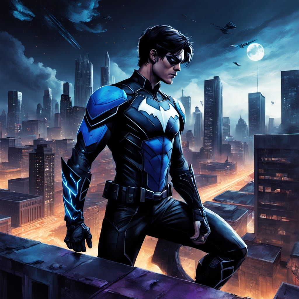 Nightwing in Wonderbat Armor Parkours Cityscape