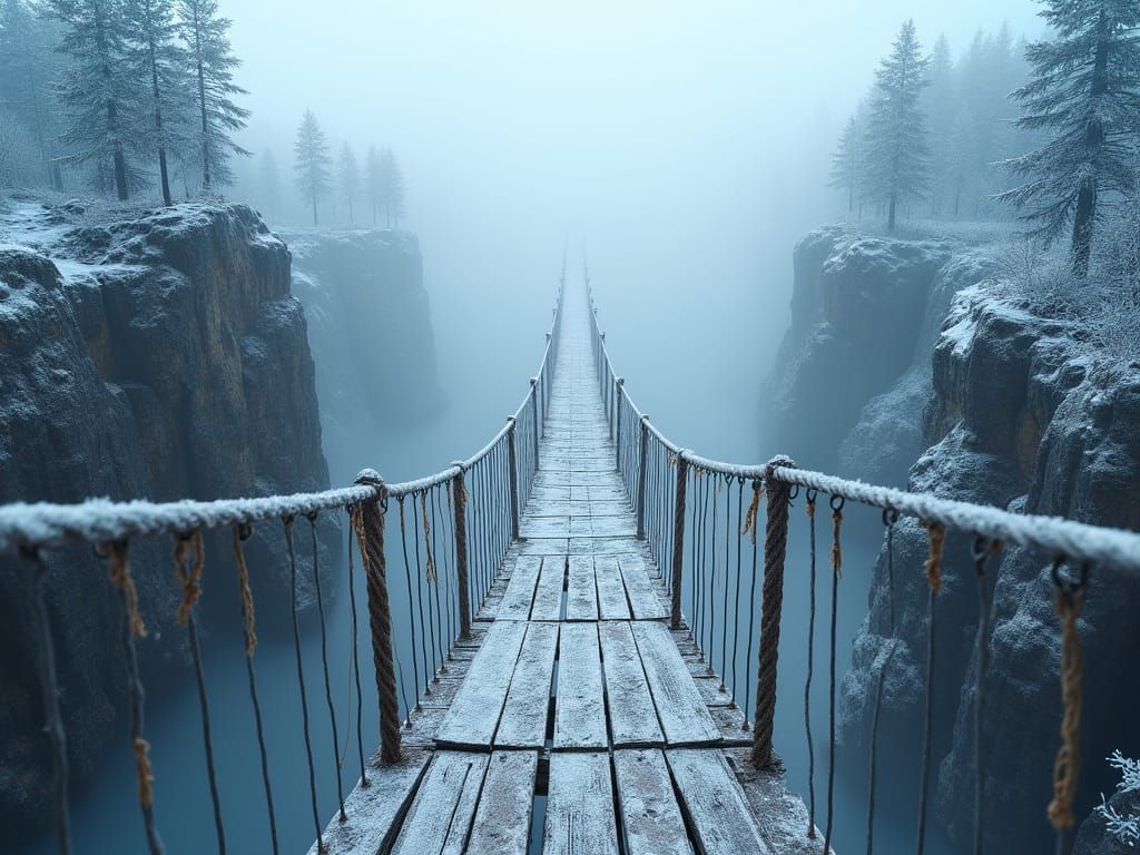 Ancient Frosty Bridge in Misty Mountain Chasm