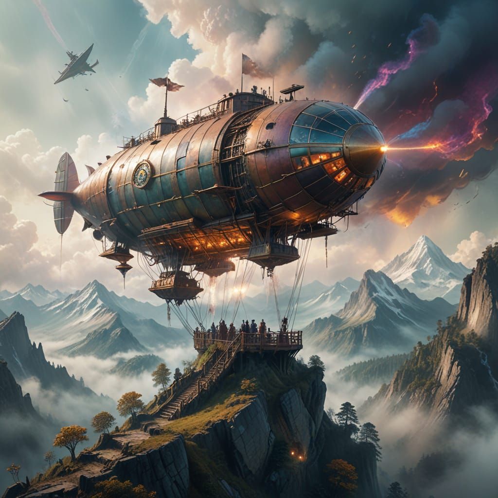 Steampunk Airship Over Misty Mountains: Watercolor Splash Ar...