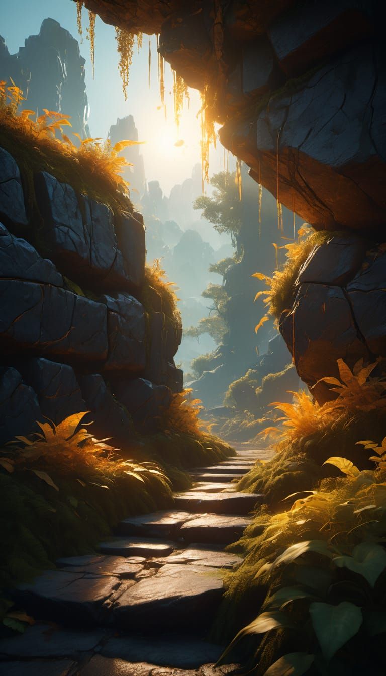 Surrealism in Golden Light: Ancient Stone Wall with Roots an...