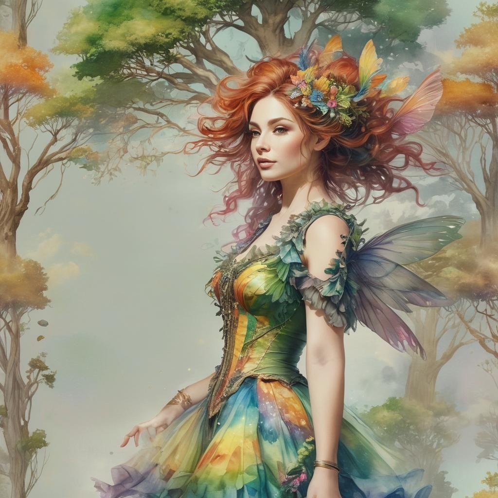 Fairy in Steampunk Style Watercolour Painting