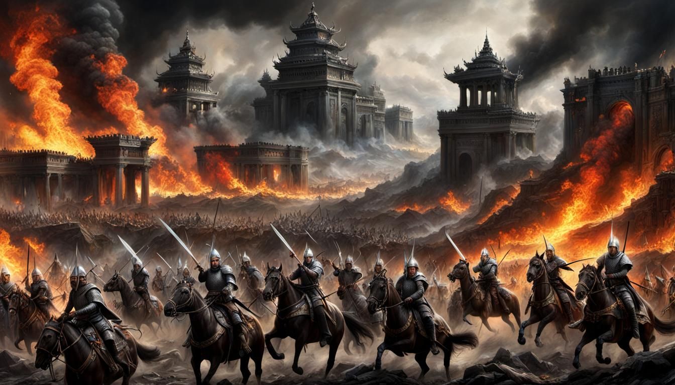 Epic Ancient Battlefield Scene with Warriors and Elephants