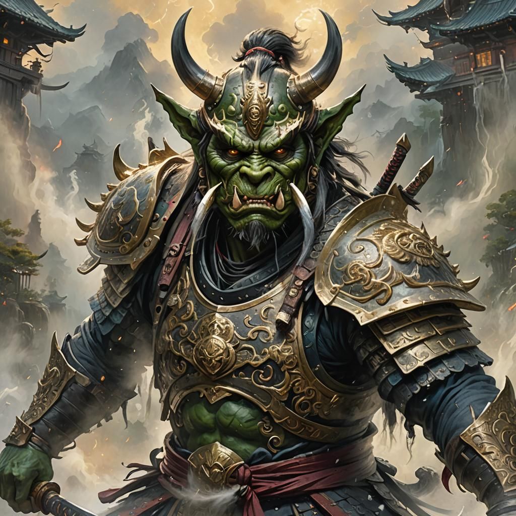 Samurai Orc Warrior in Ethereal Mist