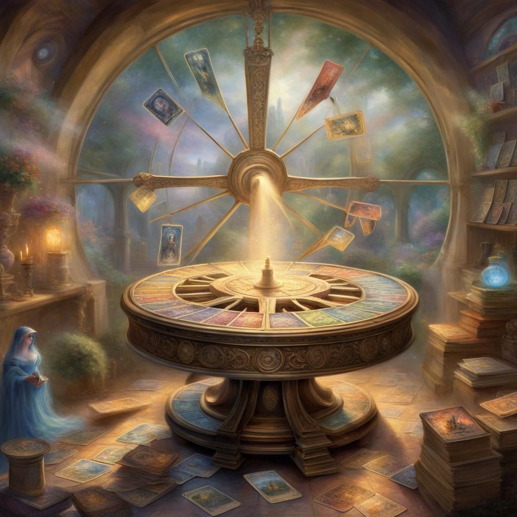 Chariot Wheel Surrounded by Tarot Cards in Ethereal Style