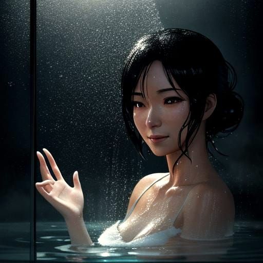 Smiling Waifu Silhouette in Steamy Shower: 3D Anime Art