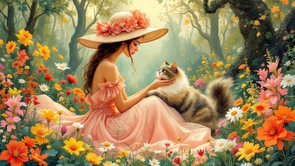 Woman, Cat, and Flowers in Dreamy Art Nouveau Style