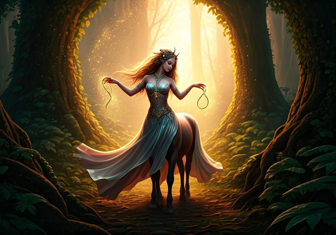 Centaur Dances with Forest Magic, Ethereal Matte Painting