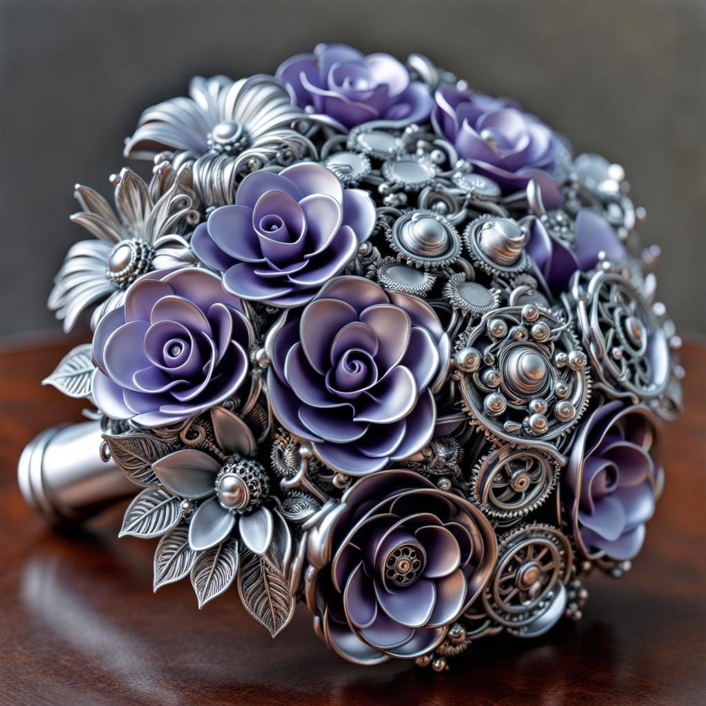 Silver Lilac Bouquet with Steampunk Engine
