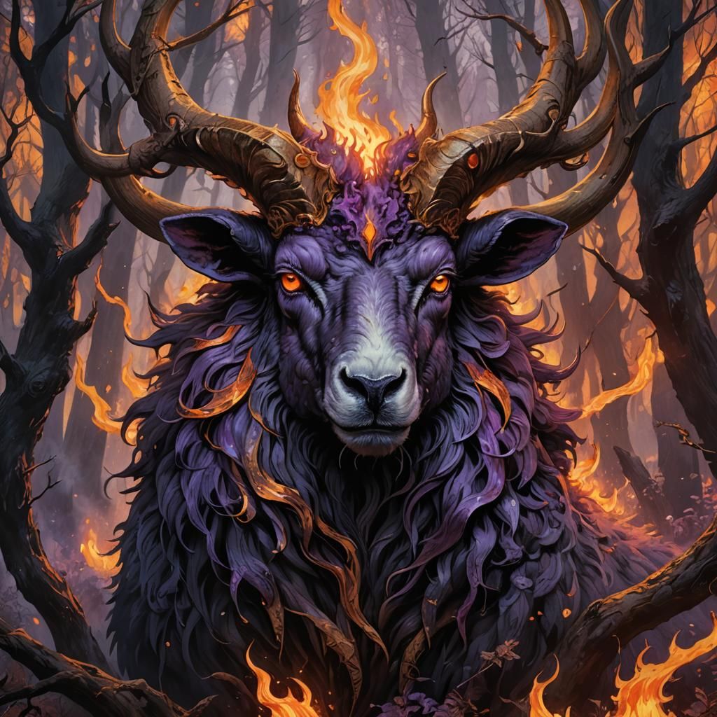 Demonic Sheep Head in Mystical Forest Flames