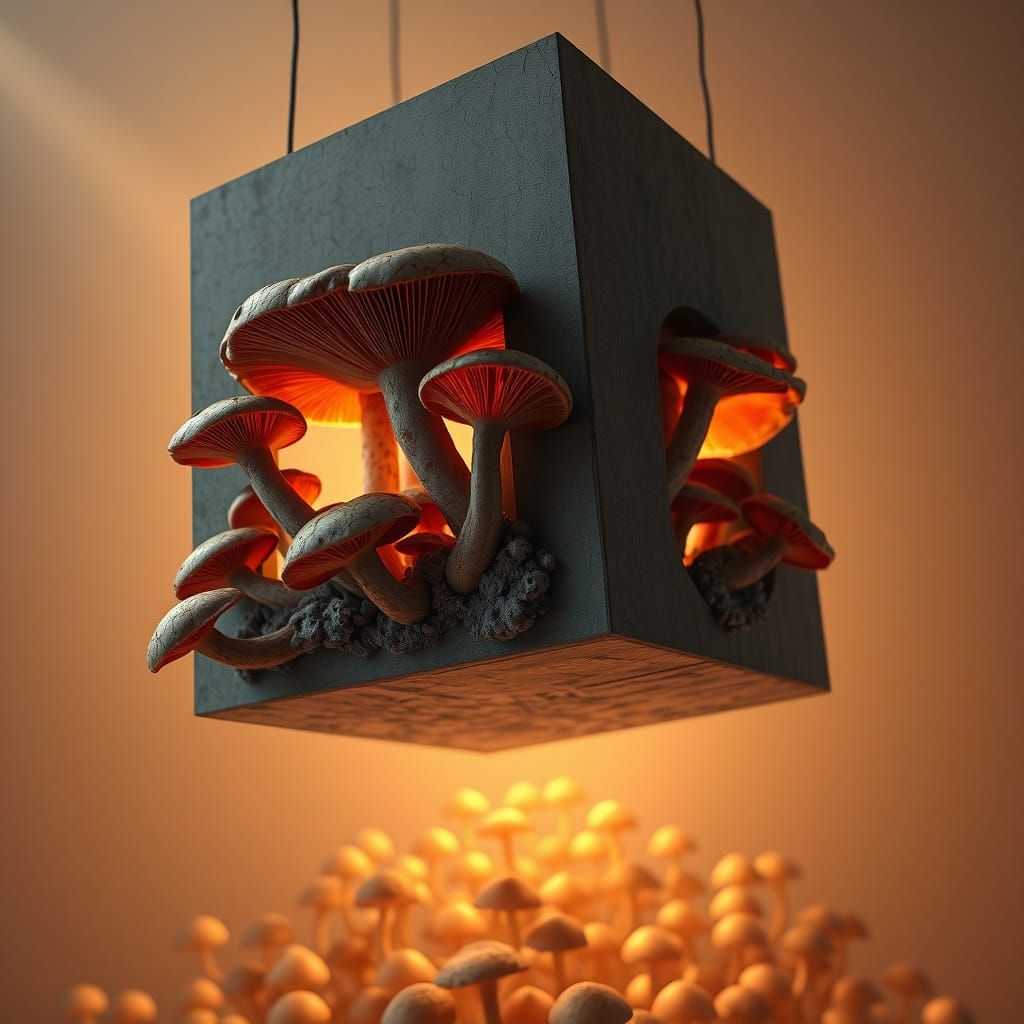Grotesque Mushrooms Erupting from Floating Cube in 3D Render
